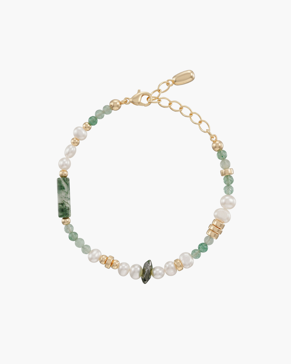 Overhead view of a beaded bracelet with green moss agate, strawberry quartz, natural pearls, and gold accents on a white textured background.