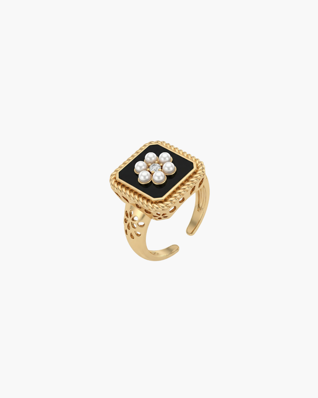 Top-down view of a vintage square signet ring with black enamel, a central pearl flower cluster, and gold-plated textured band.