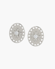 Overhead view of vintage gold Art Deco shield earrings with micro-paved zircons and rhythmic linear patterns on a white background.