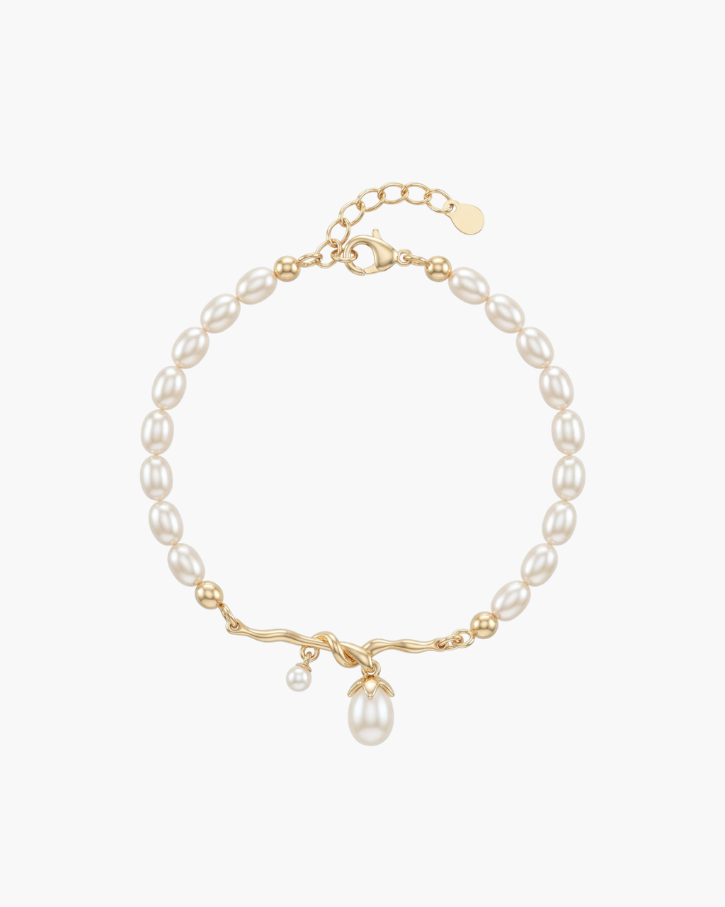 Macro view of a gold-plated S925 silver bracelet featuring organic entwined vines and several natural white freshwater pearls on a white background.