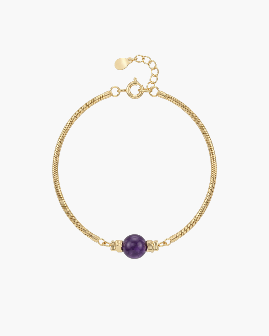 Close-up of a gold-plated snake bone chain bracelet featuring a central natural purple amethyst bead on a white background.