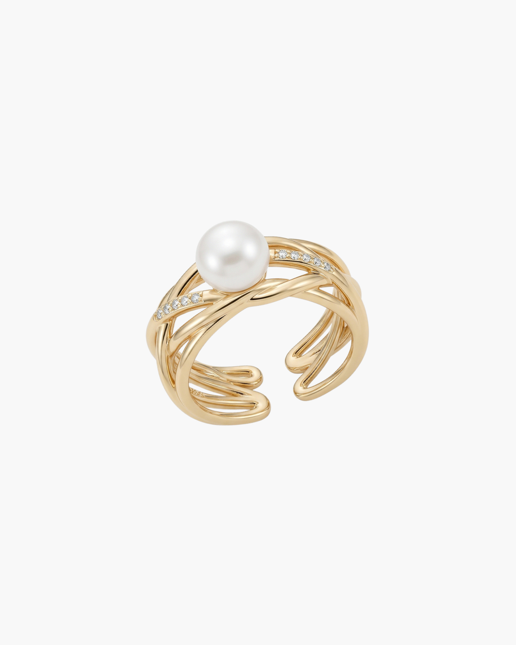 Close-up of a gold-plated entwined multi-band S925 silver ring featuring a central natural pearl and tiny sparkling cubic zirconia stones.
