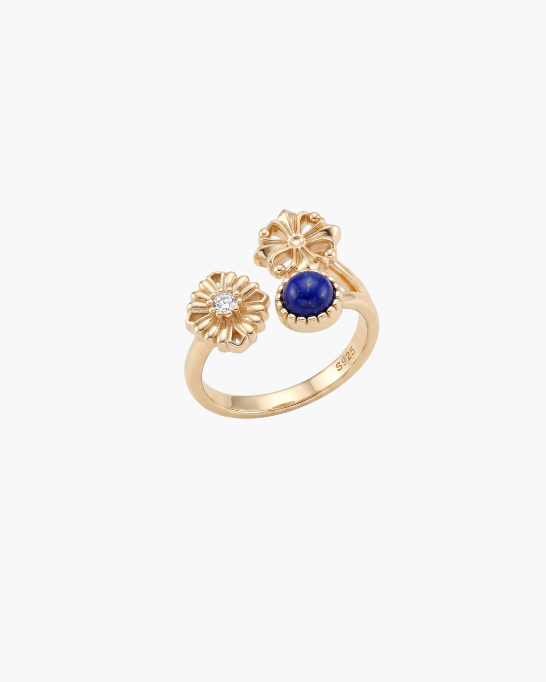 S925 Sterling Silver Vintage Lapis Lazuli Daisy Open Ring