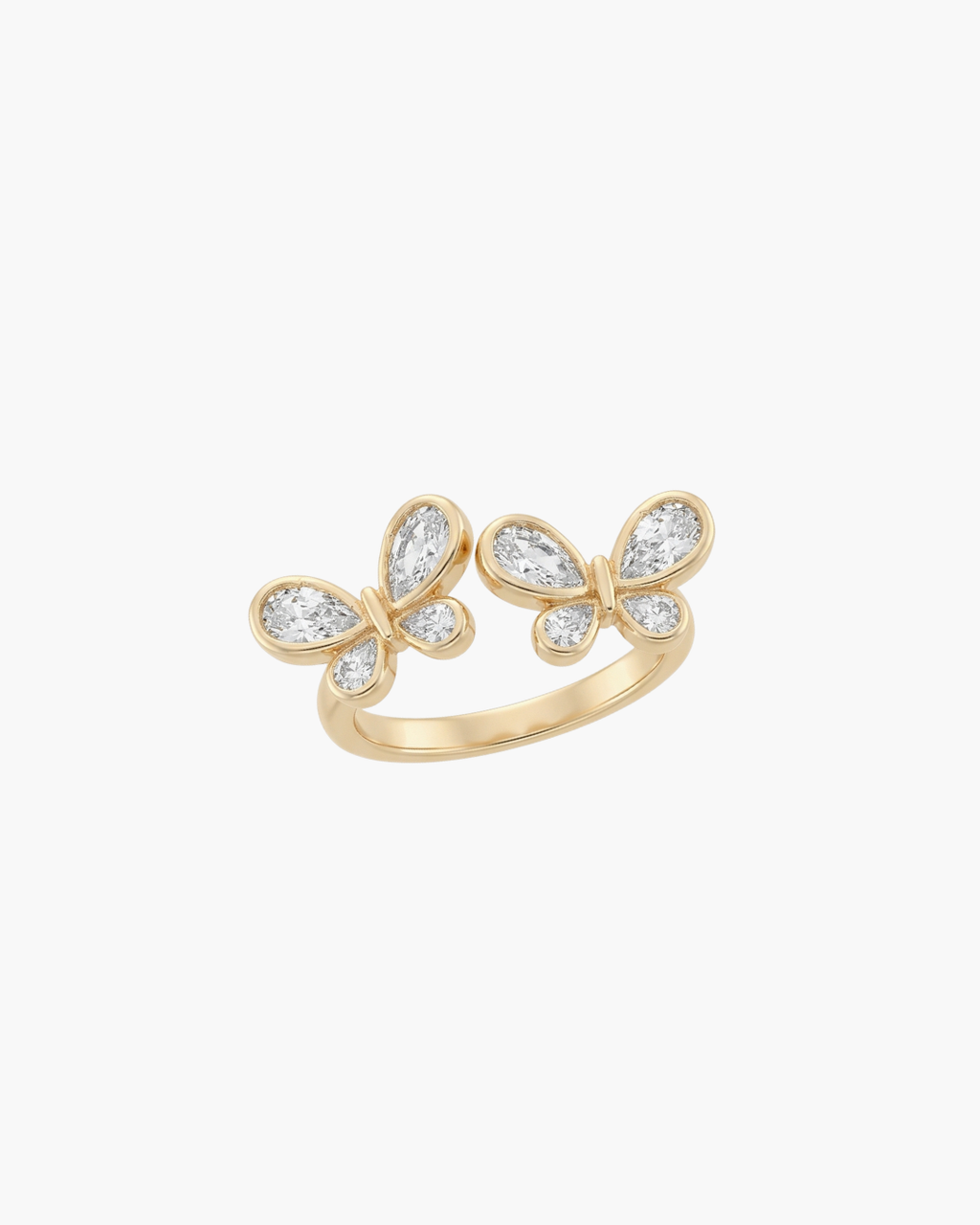 Close-up of a gold-plated S925 silver open ring featuring two butterflies with sparkling teardrop-shaped zircon wings on a white display.