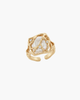 Front view of a gold-plated S925 silver ring featuring a large natural baroque pearl in a cage design with sparkling CZ stones.