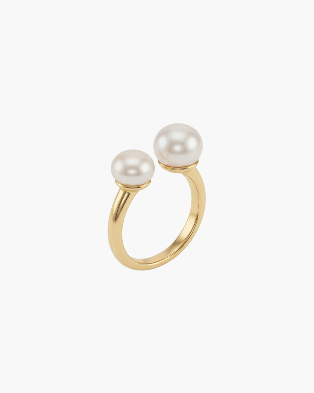 Side view of a handcrafted open-style ring featuring two balanced natural freshwater pearls on an adjustable gold-plated S925 sterling silver band.