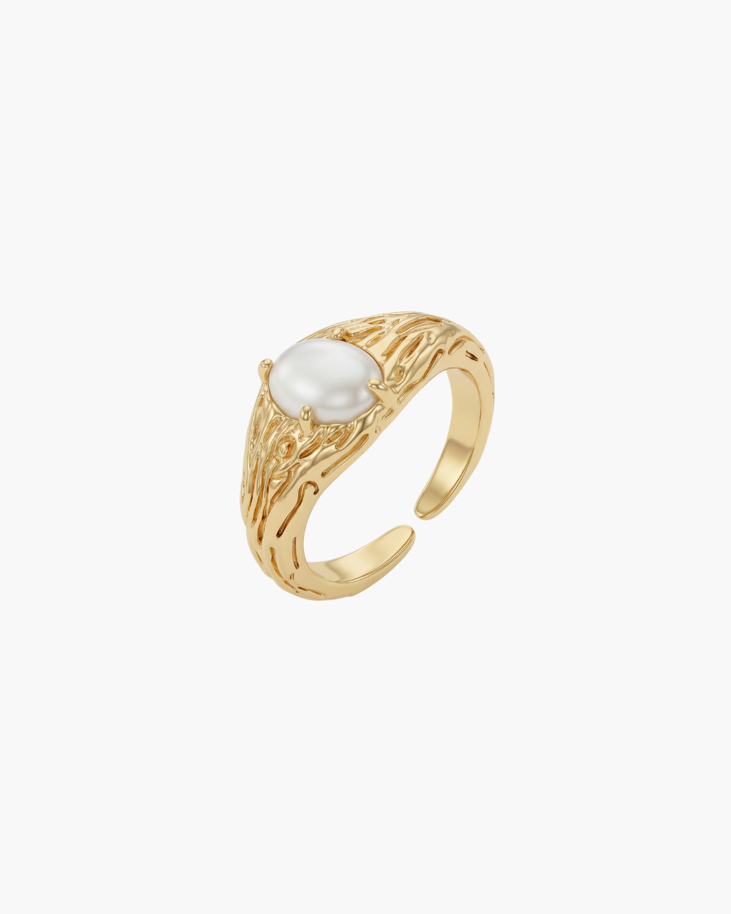 Side angle of a gold-plated S925 silver ring with a textured, bark-like band and a central oval mother of pearl stone.