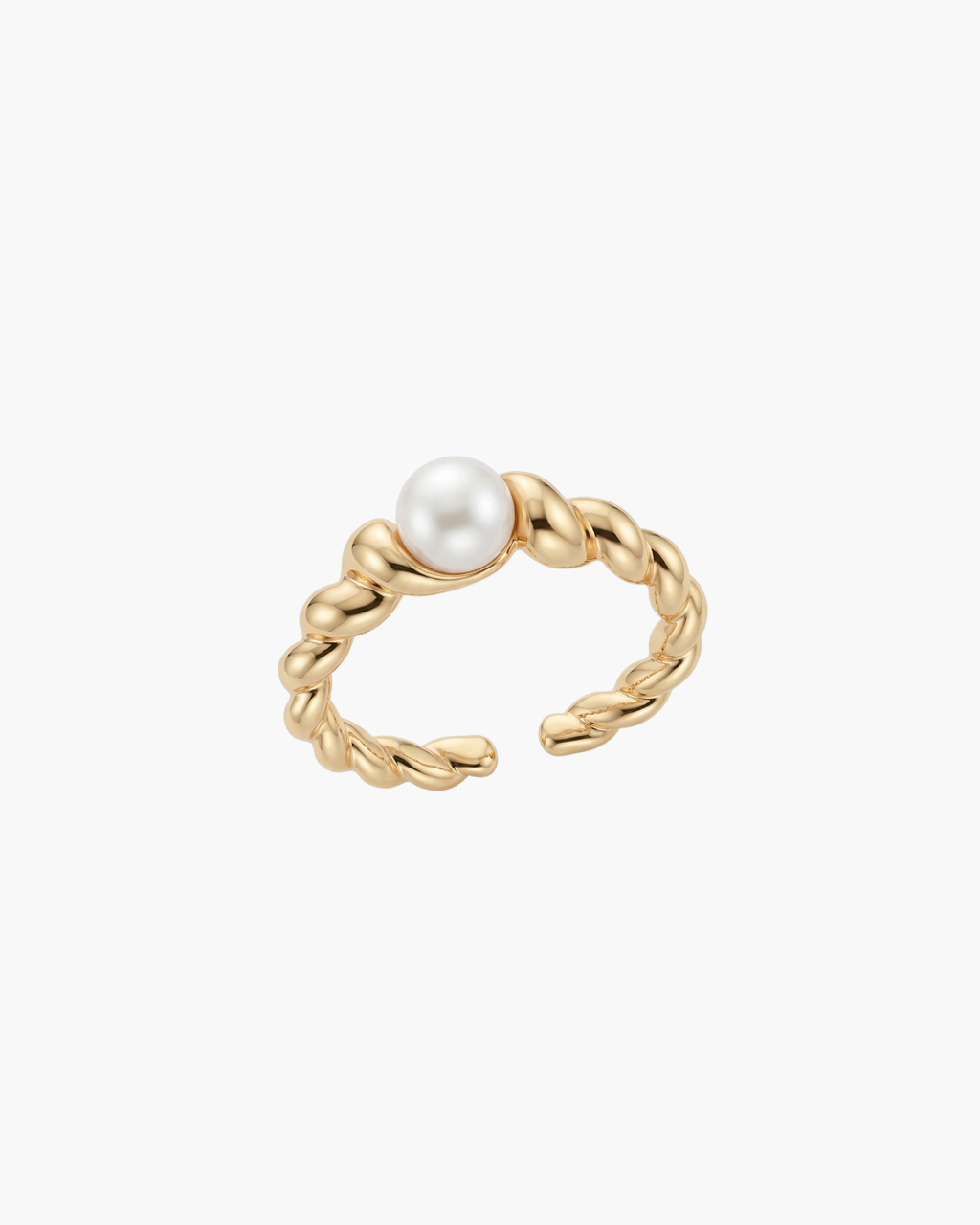 Close-up of a gold-plated twisted croissant-style S925 silver ring with a central natural pearl on a white display stand.