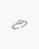 Close-up of a platinum-plated S925 silver ring with a central teardrop-shaped white mother of pearl stone and two sparkling zircons.