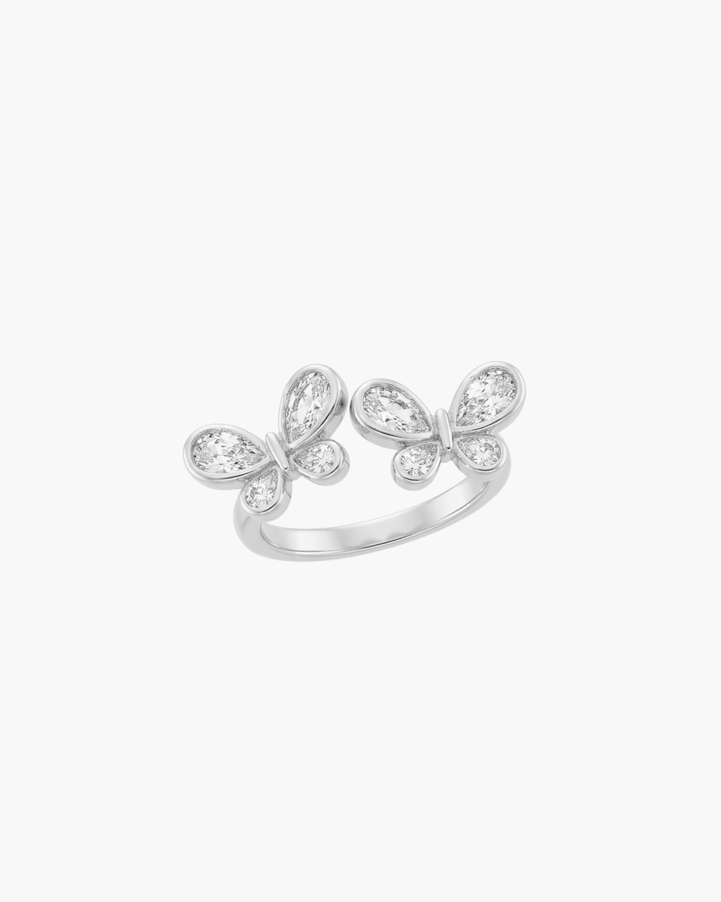 Close-up of a gold-plated S925 silver open ring featuring two butterflies with sparkling teardrop-shaped zircon wings on a white display.
