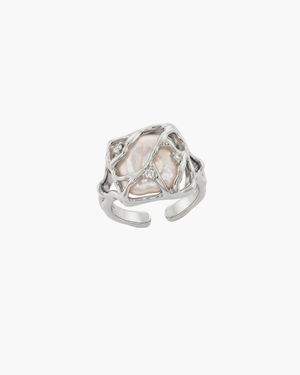 Front view of a S925 silver ring featuring a large natural baroque pearl in a cage design with sparkling CZ stones.
