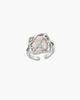 Front view of a S925 silver ring featuring a large natural baroque pearl in a cage design with sparkling CZ stones.