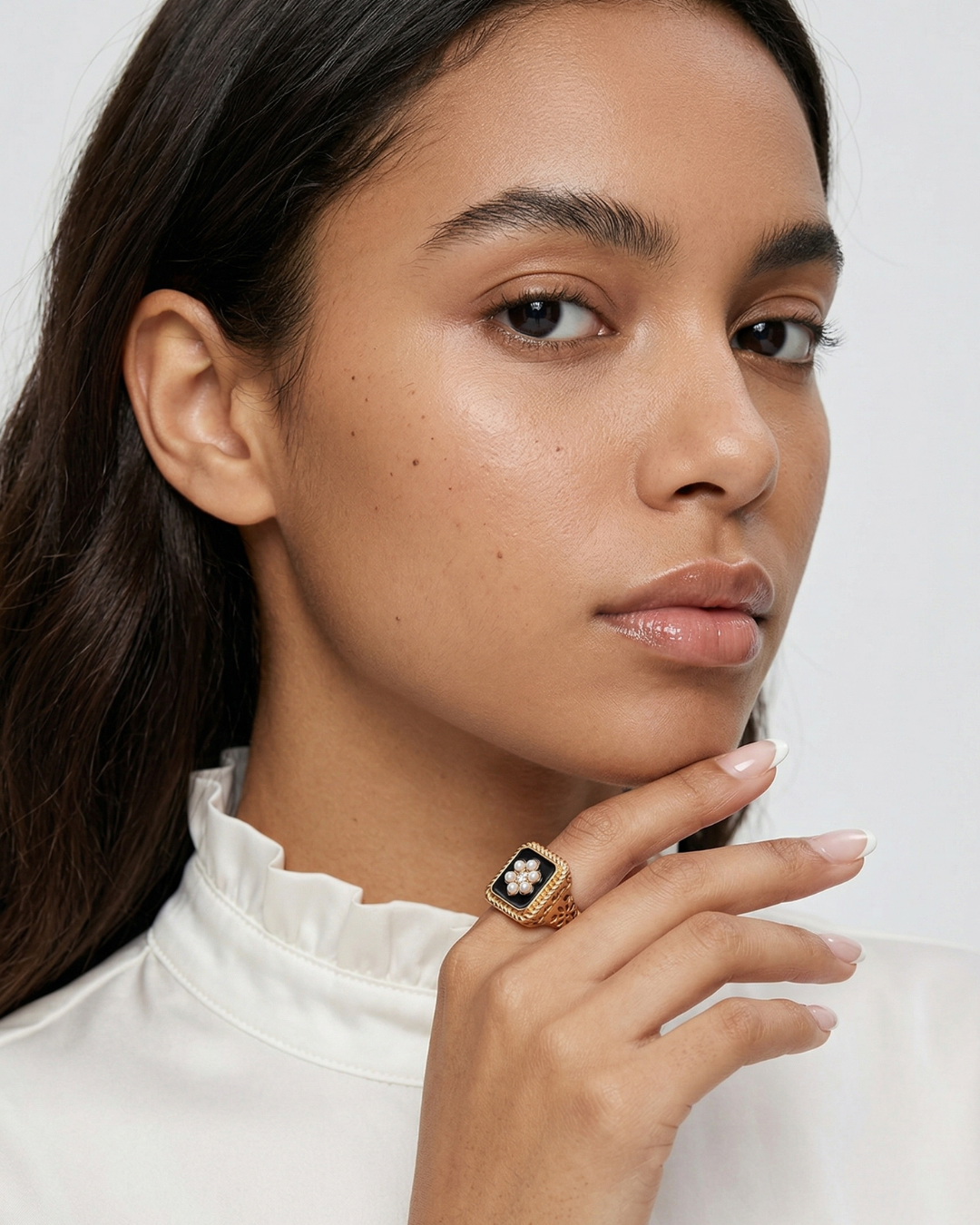 Vintage Black Enamel & Pearl Floral Ring