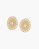 Overhead view of vintage gold Art Deco shield earrings with micro-paved zircons and rhythmic linear patterns on a white background.