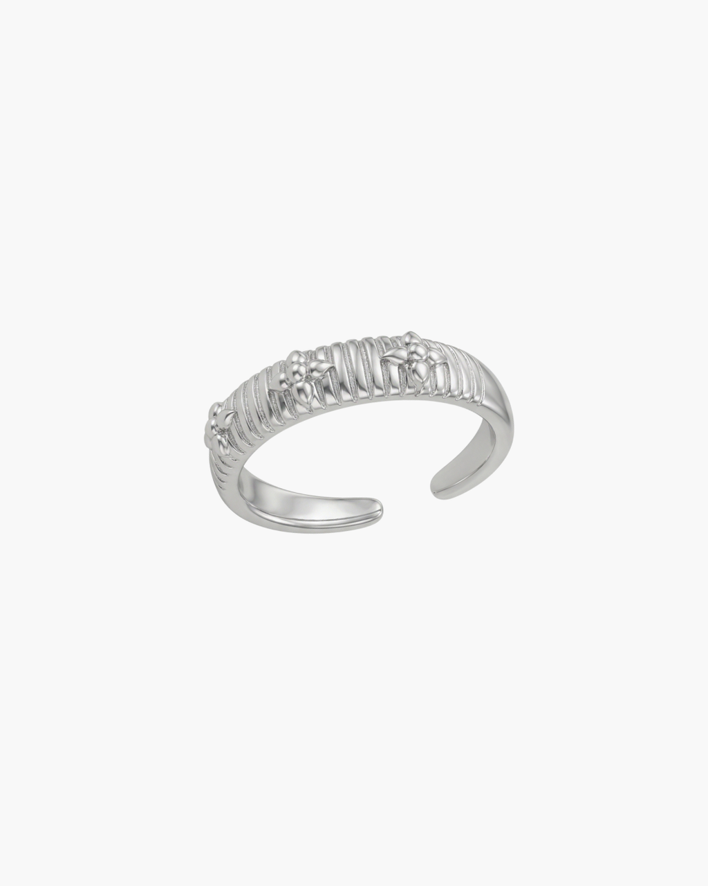 Front view of an embossed S925 silver ring featuring vertical ridges and small floral petal details in a vintage gold finish.