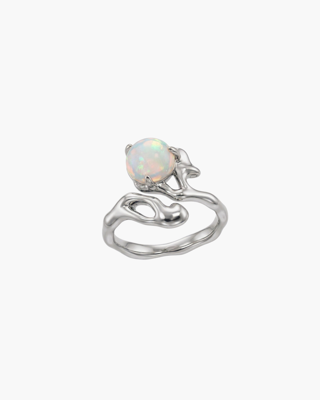 Top view of a natural opal ring with a fluid, molten gold-plated S925 silver band showing iridescent blue and rainbow flashes in the stone.