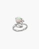 Top view of a natural opal ring with a fluid, molten gold-plated S925 silver band showing iridescent blue and rainbow flashes in the stone.