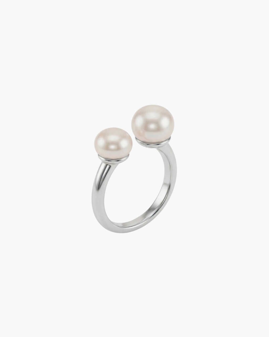 Side view of a handcrafted open-style ring featuring two balanced natural freshwater pearls on an adjustable gold-plated S925 sterling silver band.