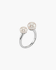 Side view of a handcrafted open-style ring featuring two balanced natural freshwater pearls on an adjustable gold-plated S925 sterling silver band.