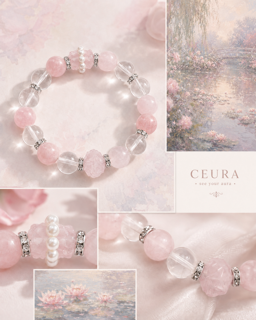 Top view of a pastel pink and clear crystal gemstone bracelet featuring large round beads, a carved pink quartz teddy bear, and tiny white pearls.