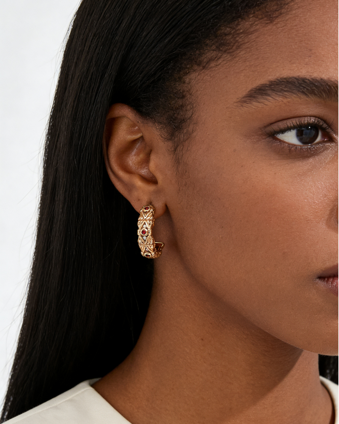 Retro Rock Texture Red Zirconia Hoops