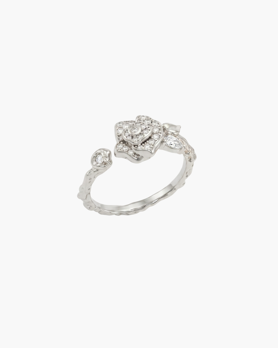 S925 Silver Camellia Flower Pave Open Ring