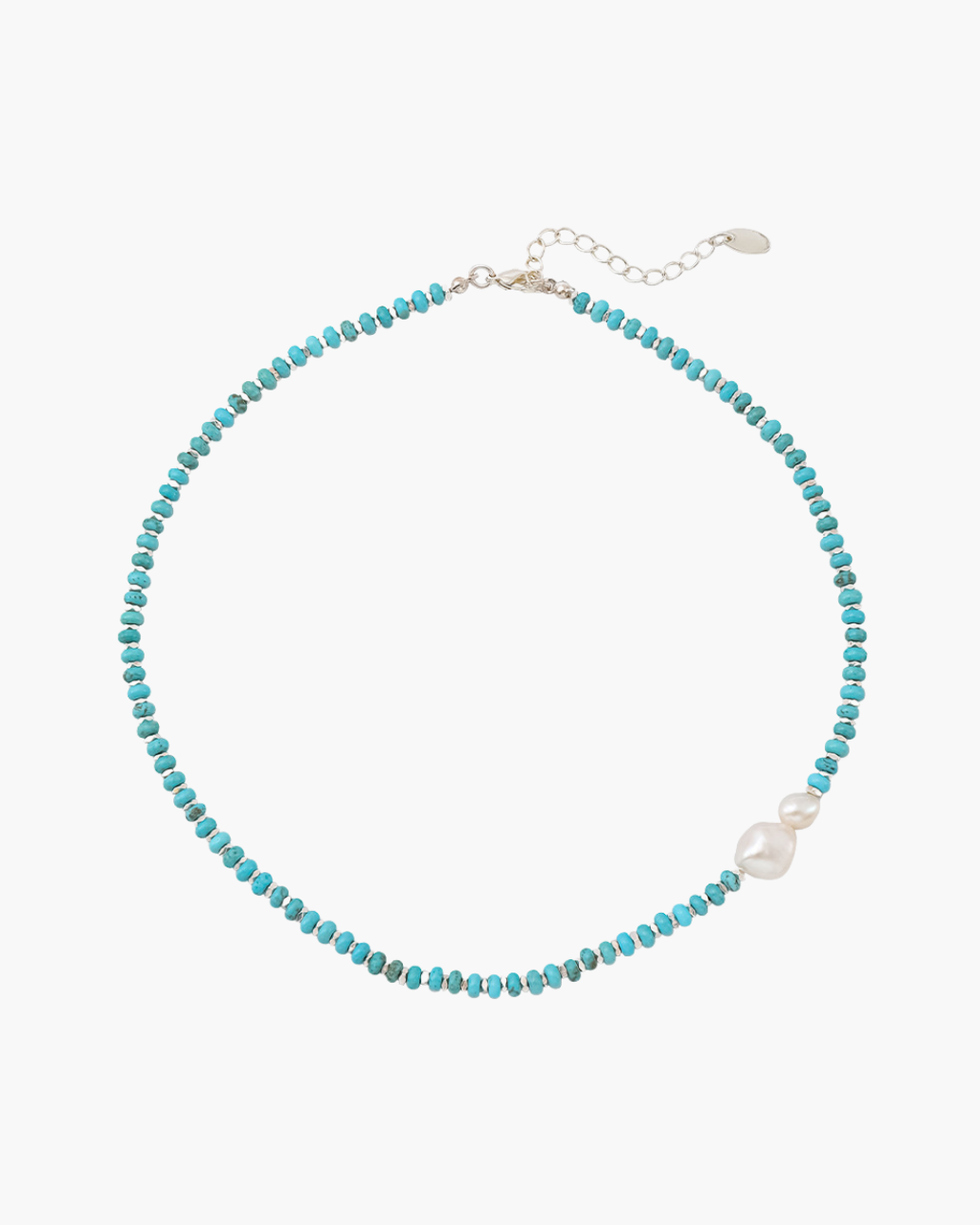 Top view of a natural turquoise beaded necklace featuring two irregularly shaped baroque pearls and silver lobster clasp on a white background.