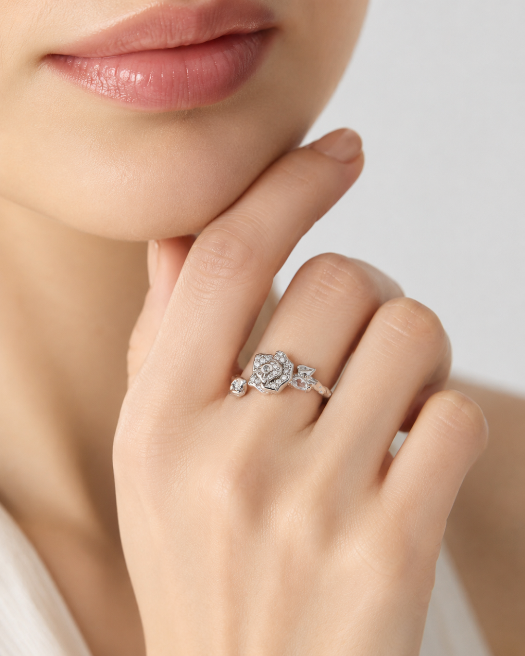 S925 Silver Camellia Flower Pave Open Ring