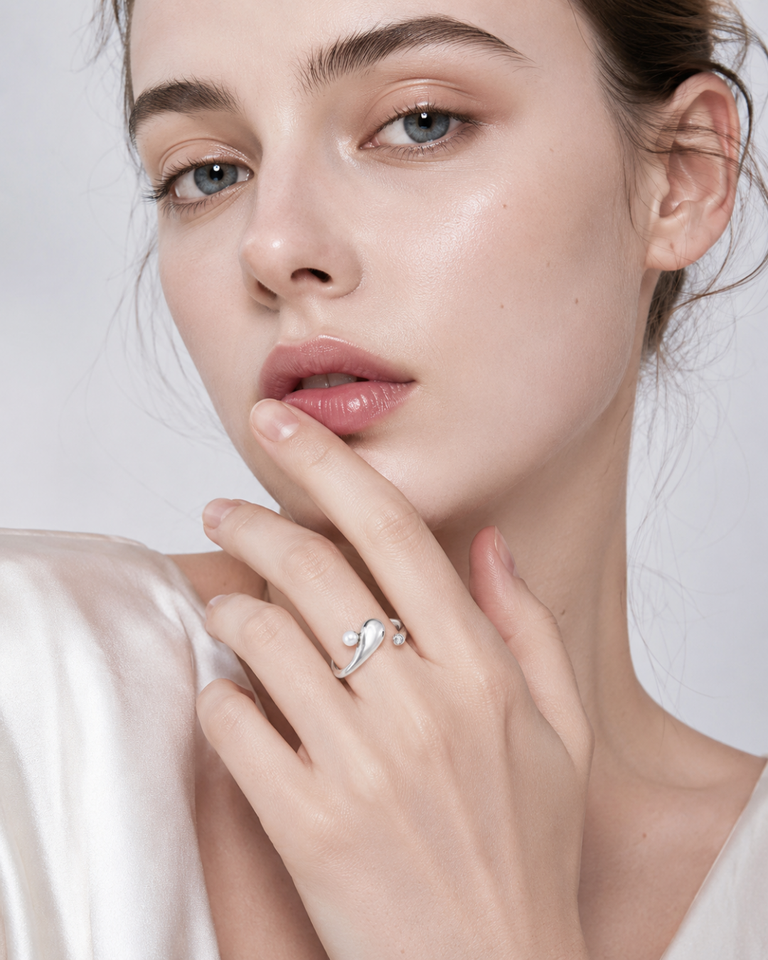 S925 Silver Liquid Raindrop Pearl Open Ring