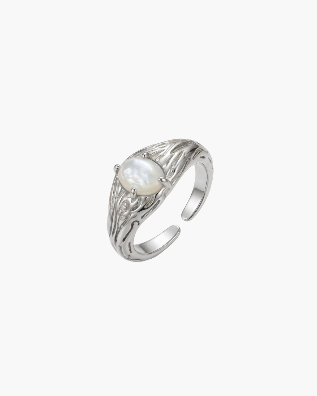 Side angle of a gold-plated S925 silver ring with a textured, bark-like band and a central oval mother of pearl stone.